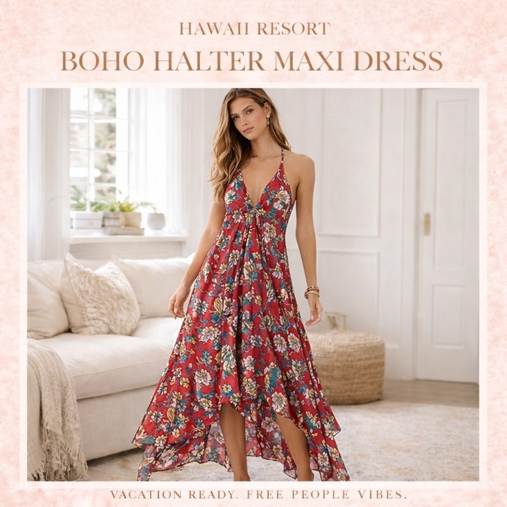 Hawaii Resort Boho Halter Maxi Dress Open Back Floral Flowy